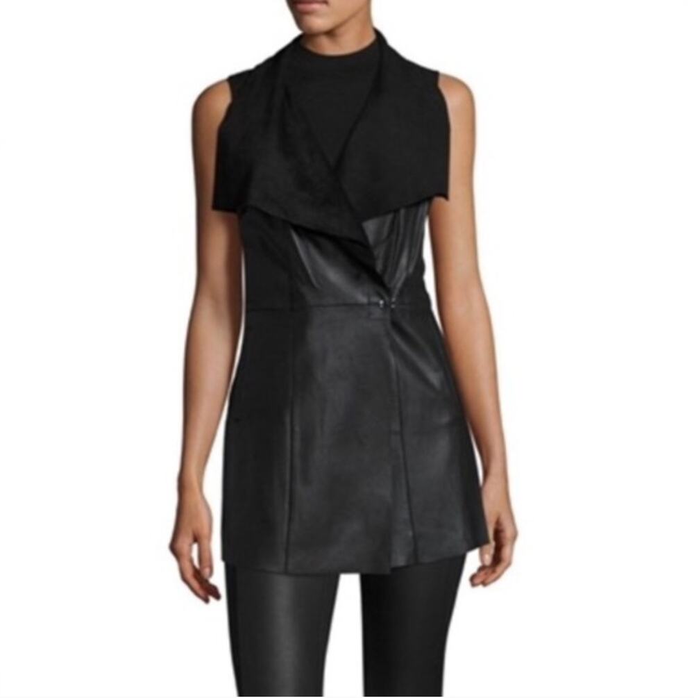 My Tribe 100% Leather Longline Vest Black Medium
